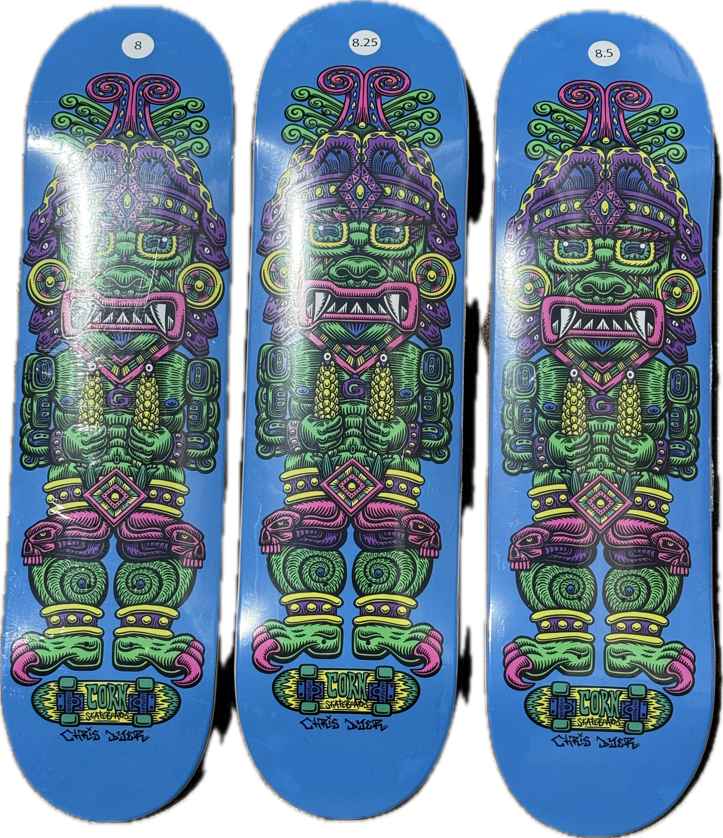 A skateboard deck with a vibrant blue background featuring Chris Dyer’s colorful psychedelic depiction of Wiracocha, the Incan Corn God, in green, purple, and pink.