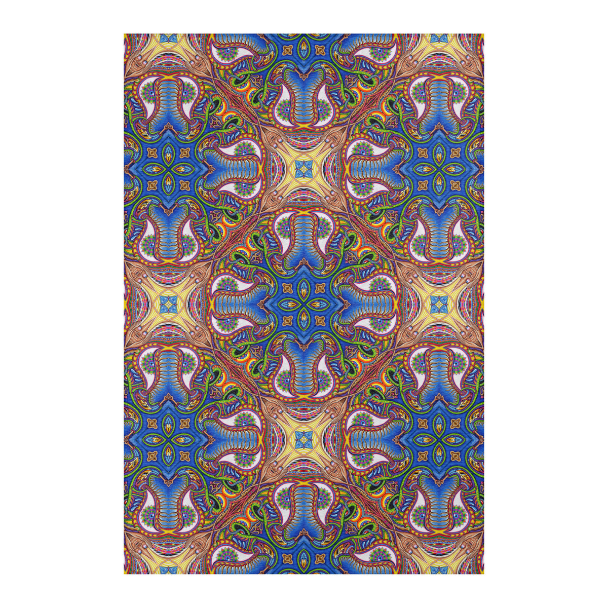 Apotheosis Mandala Area Rug by Chris Dyer featuring intricate psychedelic patterns in vibrant blues, purples, greens, and gold with symmetrical kaleidoscopic artwork.