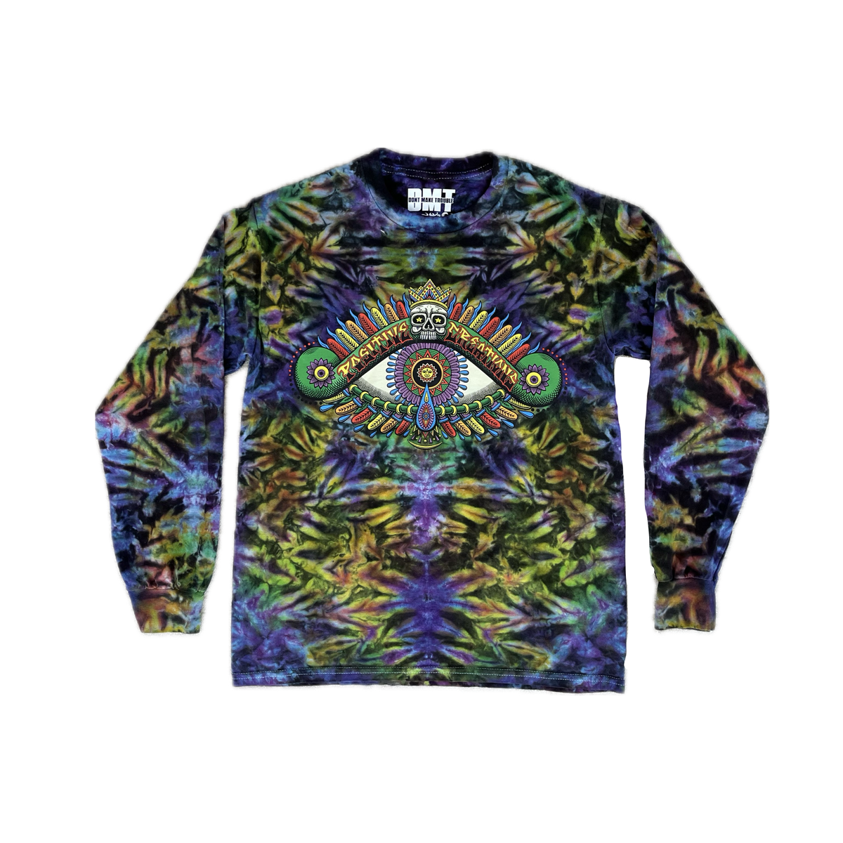 Positive Eye Cosmic handmade tie-dye long-sleeve shirt by Chris Dyer with colorful eye artwork and purple, blue and green dye pattern