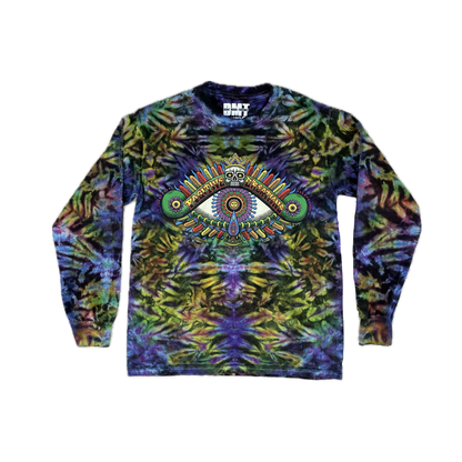 Positive Eye Cosmic handmade tie-dye long-sleeve shirt by Chris Dyer with colorful eye artwork and purple, blue and green dye pattern