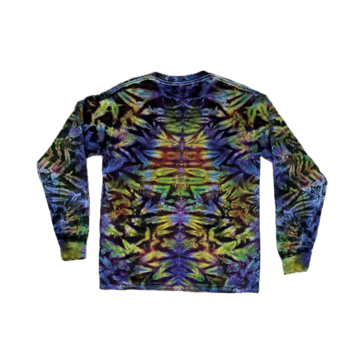 Back of Positive Eye Cosmic handmade tie-dye long-sleeve shirt by Chris Dyer with purple, blue and green hand-dyed pattern
