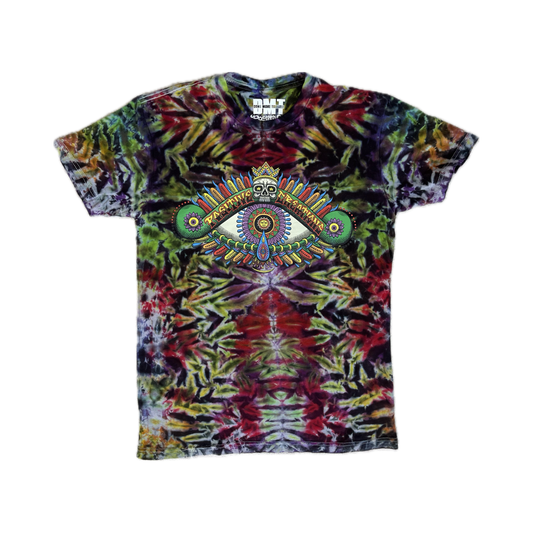 Positive Eye Earth handmade tie-dye T-shirt featuring Chris Dyer artwork in green, red, purple, and black.