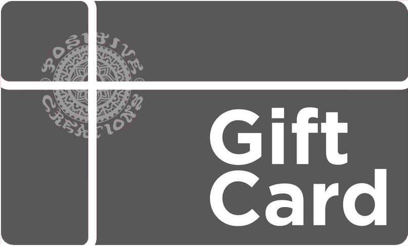 Gray Positive Creations Gift Card with white intersecting lines on the left, a detailed circular logo in the center, and Gift Card in bold white text on the right.