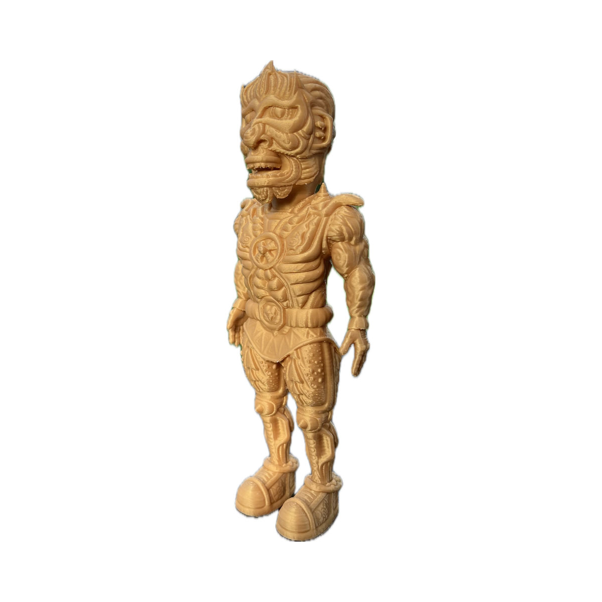 The Galaktic Dude Figurine, a golden warrior figurine with a tribal mask head standing upright.