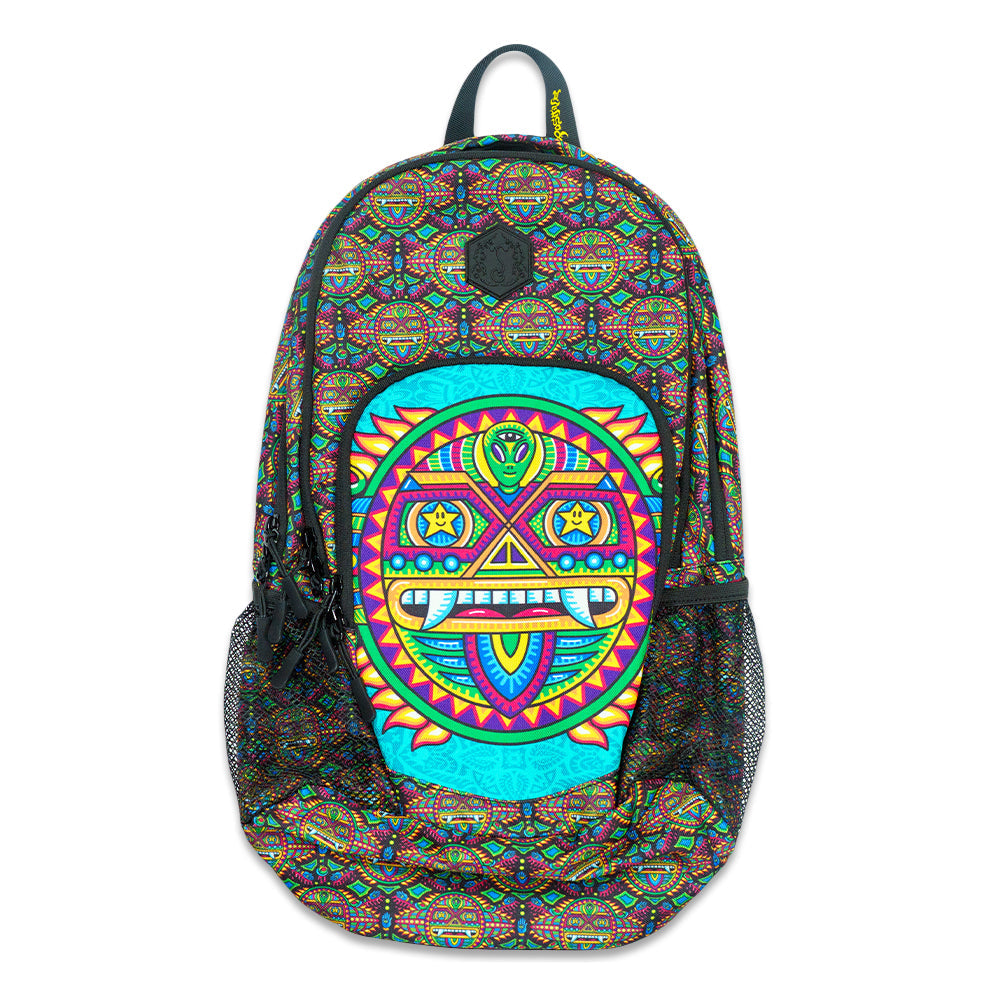 Hydration pack back with large multicolor circular graphic and top carry handle