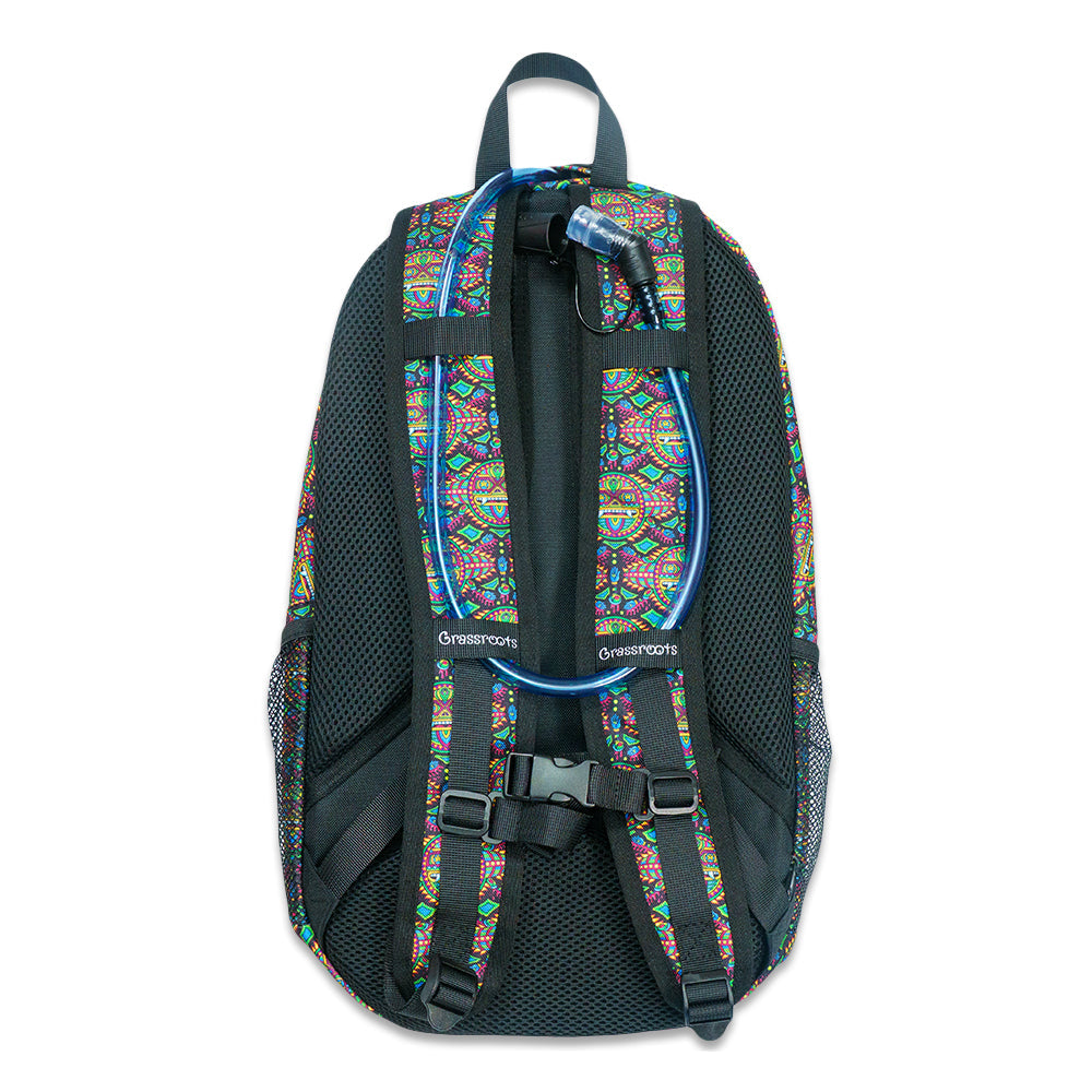 Dark green and multicolor hydration backpack with front harness straps and mesh back