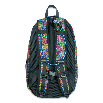 Dark green and multicolor hydration backpack with front harness straps and mesh back