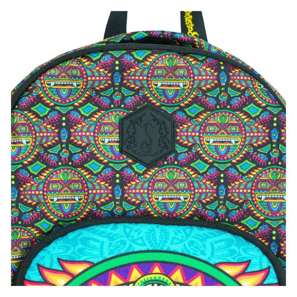 Hydration pack top panel with multicolor pattern and black logo patch