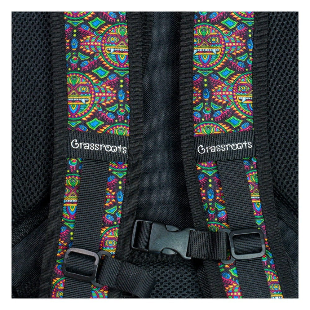 Hydration pack front straps with Grassroots branding on multicolor webbing