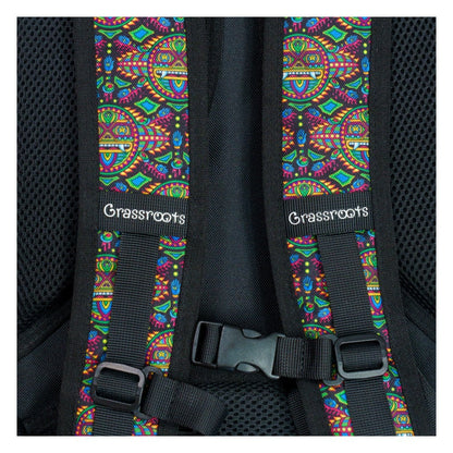 Hydration pack front straps with Grassroots branding on multicolor webbing