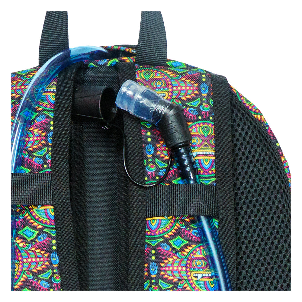 Hydration pack side with black hose attachment and multicolor fabric pocket