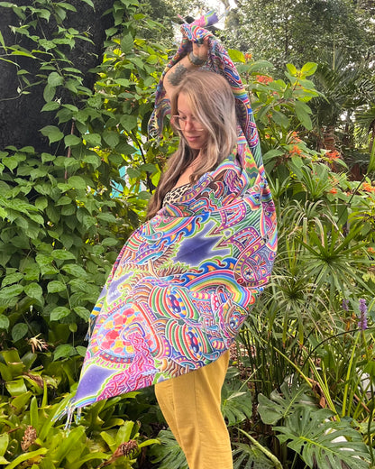 Chris Dyer Expanding Lightworker reversible pashmina featuring colorful psychedelic artwork
