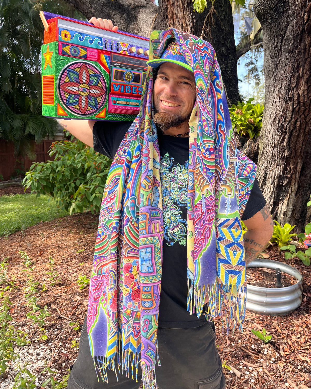 Chris Dyer Expanding Lightworker reversible pashmina featuring colorful psychedelic artwork