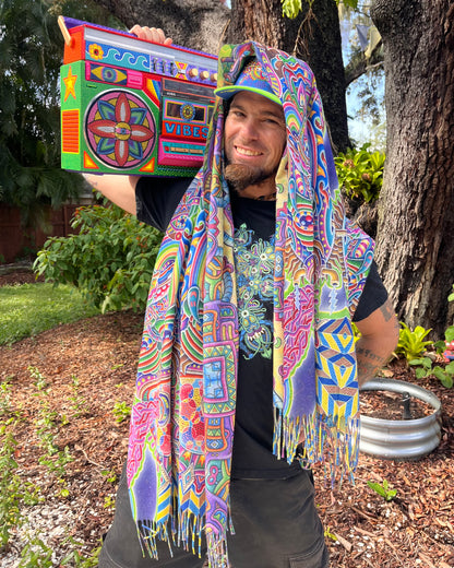 Chris Dyer Expanding Lightworker reversible pashmina featuring colorful psychedelic artwork