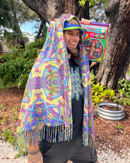 Chris Dyer Expanding Lightworker reversible pashmina featuring colorful psychedelic artwork