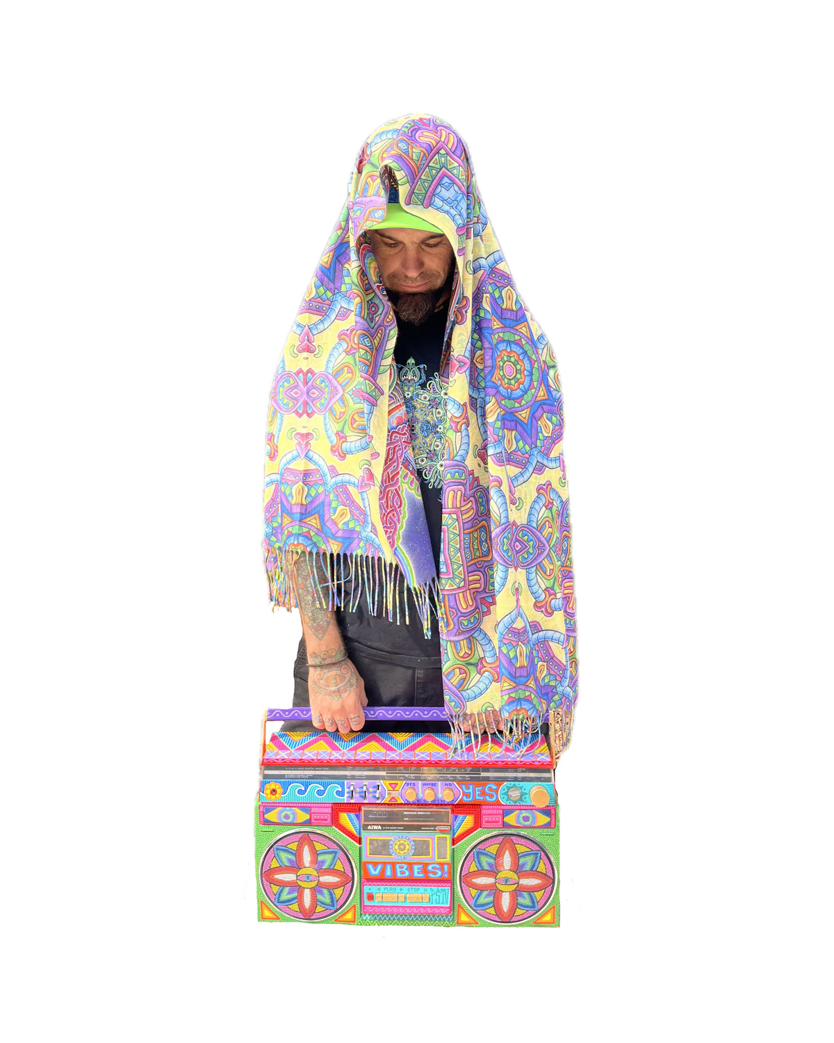     Chris Dyer Expanding Lightworker reversible pashmina worn as a colorful psychedelic scarf