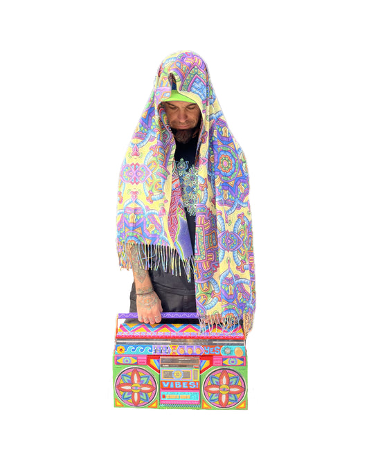     Chris Dyer Expanding Lightworker reversible pashmina worn as a colorful psychedelic scarf