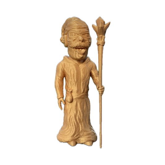 Wacky Wizard 3D print golden figurine of a robed character holding a Crystal staff.