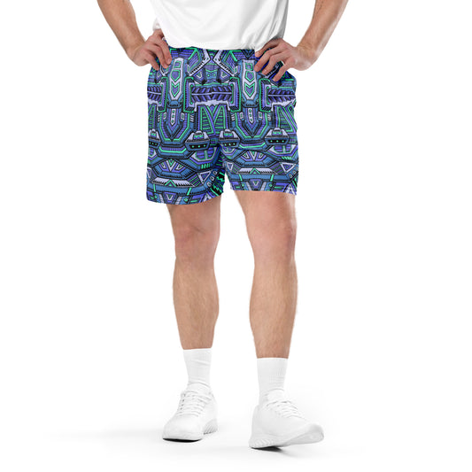 Nugatron Blues Basketball Shorts featuring Chris Dyer’s psychedelic geometric artwork in electric blues, purples, and turquoise.
