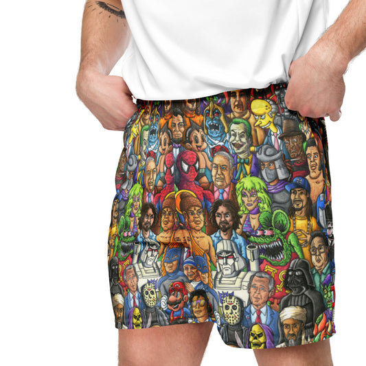 Good vs Bad Basketball Shorts featuring Chris Dyer’s colorful psychedelic artwork with an eclectic collage of characters and faces