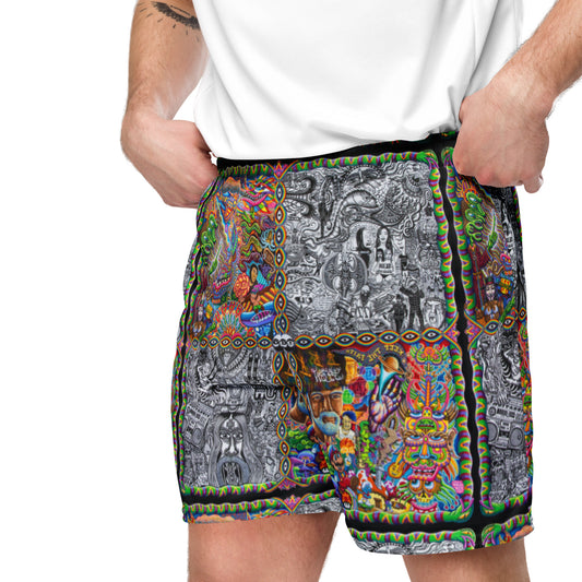 Chaos Culture Jam Basketball Shorts featuring Chris Dyer’s psychedelic artwork with black-and-gray imagery framed by intricate, vibrant multicolor patterns