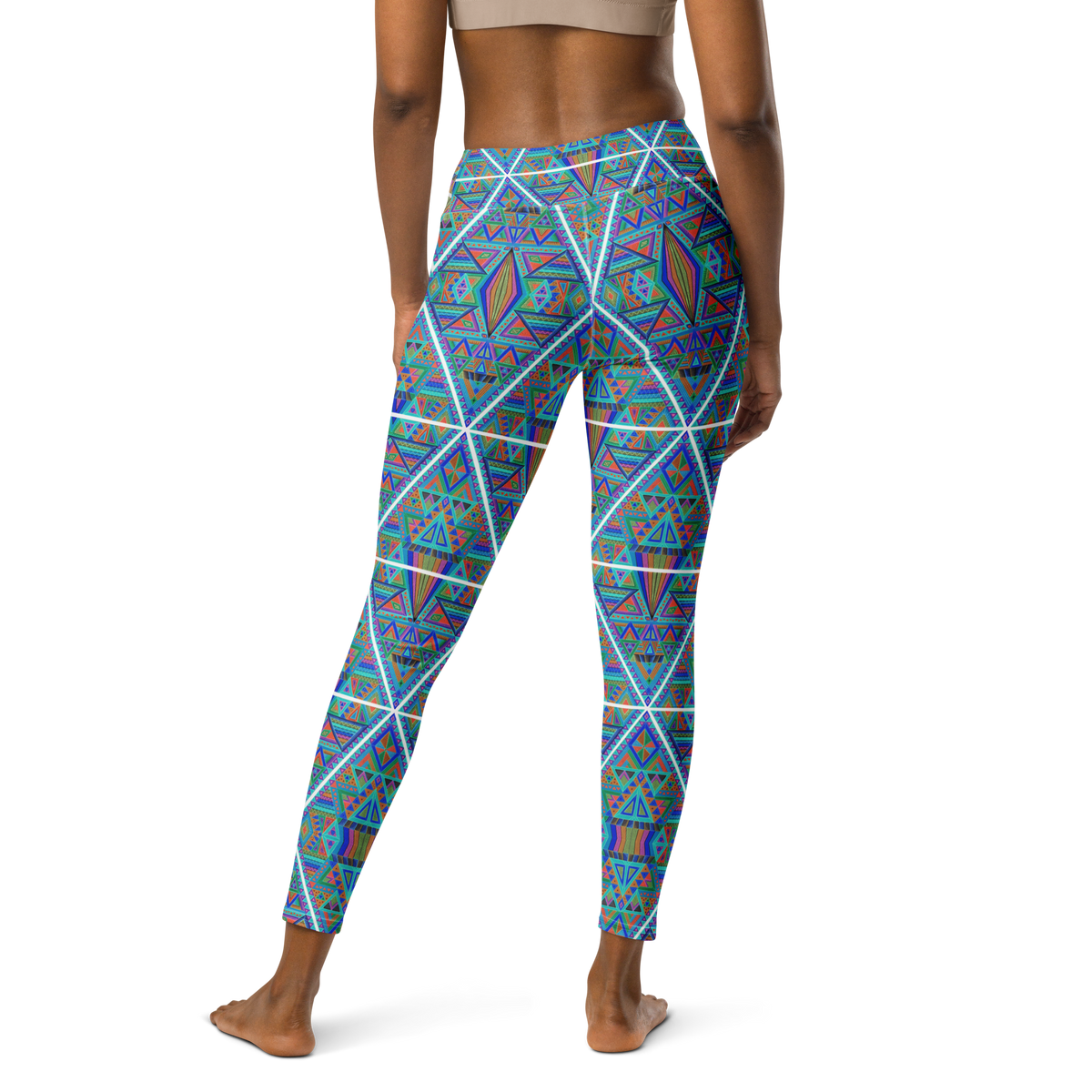 Inverted DMT leggings featuring vibrant blue and turquoise geometric psychedelic artwork by Chris Dyer.