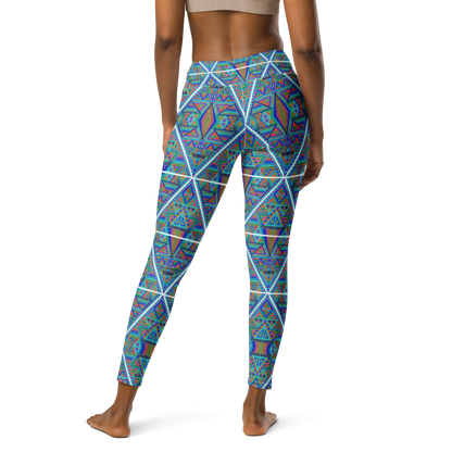 Inverted DMT leggings featuring vibrant blue and turquoise geometric psychedelic artwork by Chris Dyer.