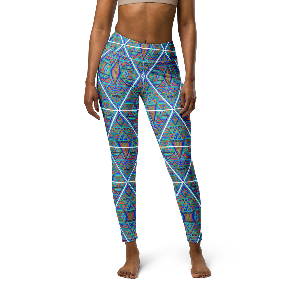 Inverted DMT leggings featuring vibrant blue and turquoise geometric psychedelic artwork by Chris Dyer.