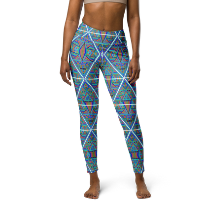 Inverted DMT leggings featuring vibrant blue and turquoise geometric psychedelic artwork by Chris Dyer.