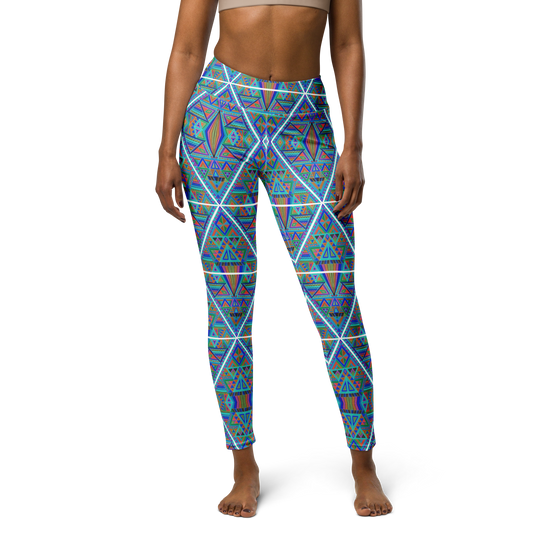 Inverted DMT leggings featuring vibrant blue and turquoise geometric psychedelic artwork by Chris Dyer.