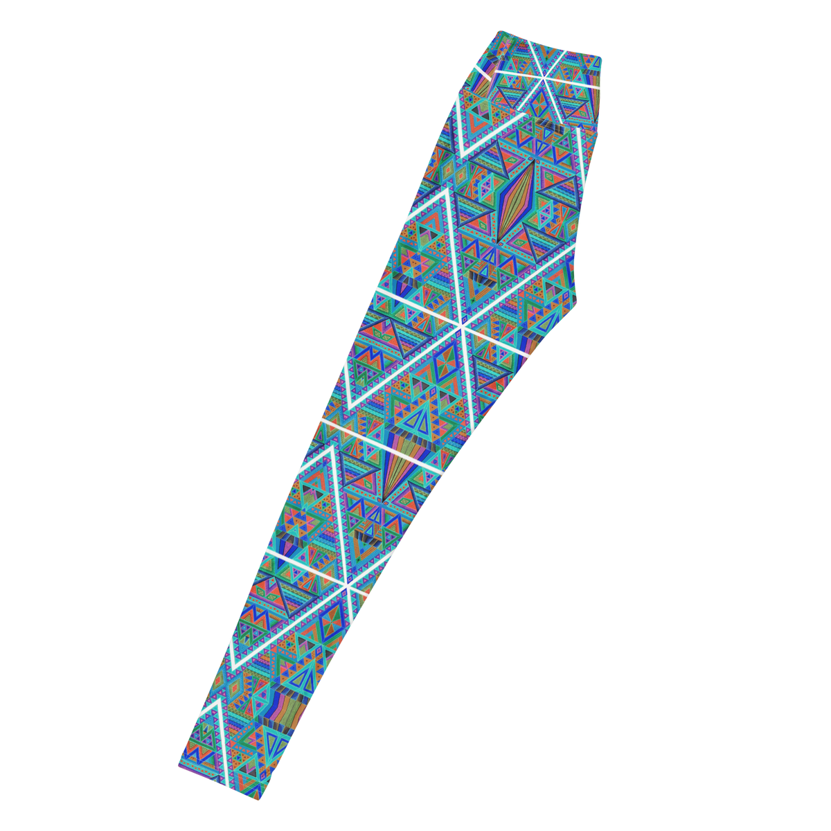 Inverted DMT leggings featuring vibrant blue and turquoise geometric psychedelic artwork by Chris Dyer.