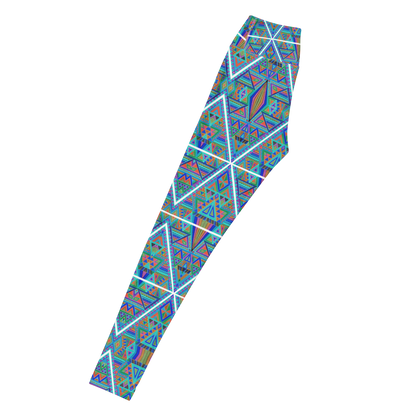Inverted DMT leggings featuring vibrant blue and turquoise geometric psychedelic artwork by Chris Dyer.