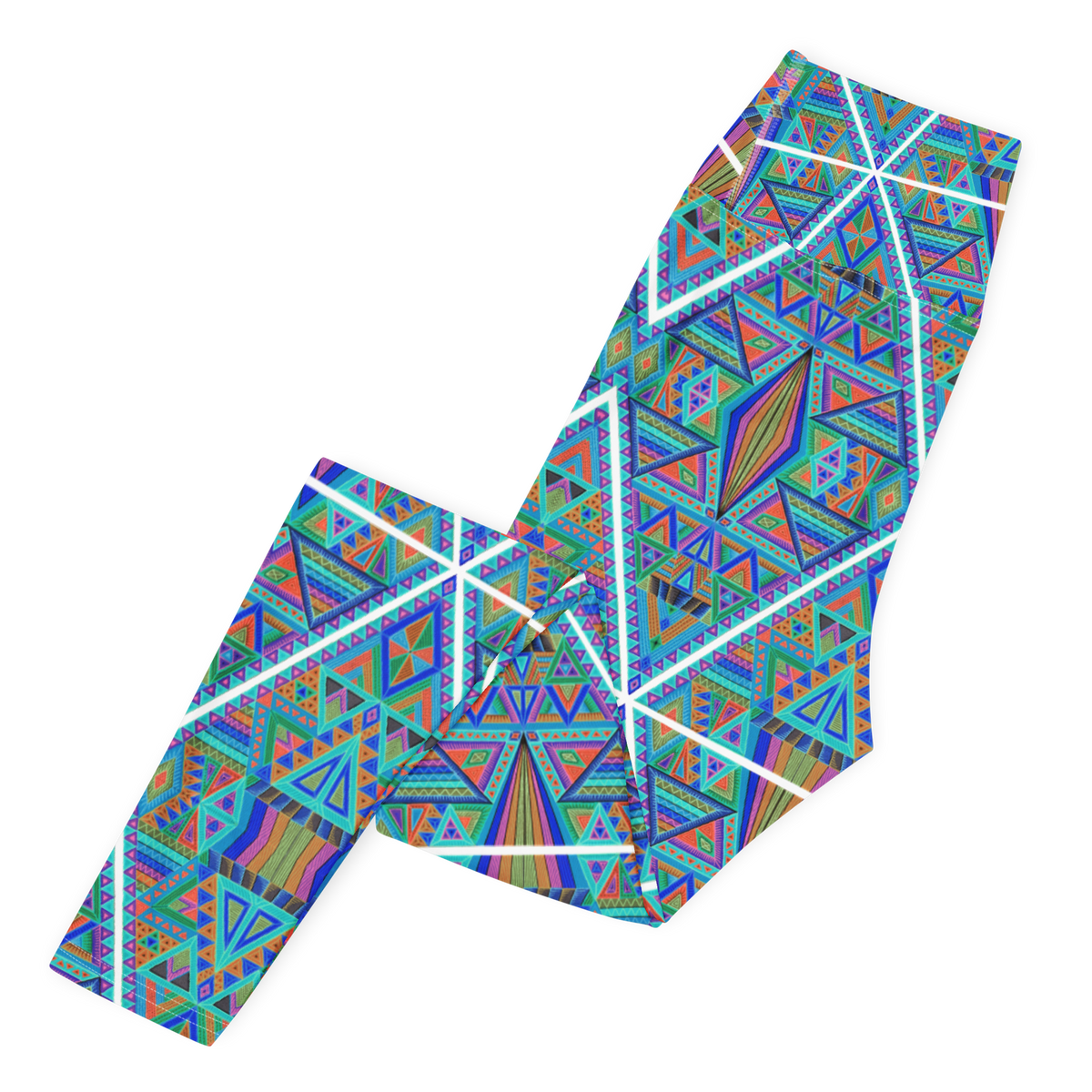 Inverted DMT leggings featuring vibrant blue and turquoise geometric psychedelic artwork by Chris Dyer.