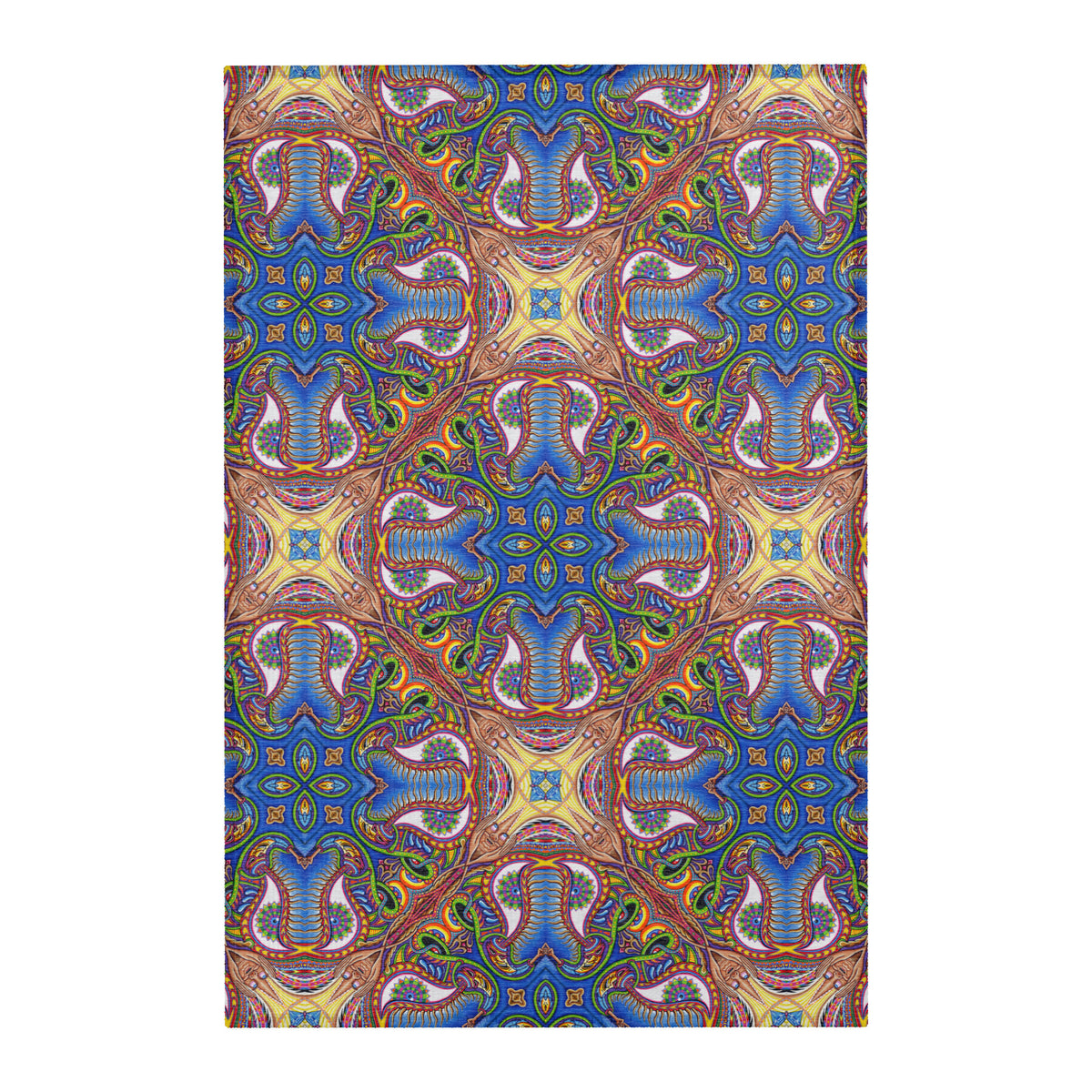 Apotheosis Mandala Area Rug by Chris Dyer featuring intricate psychedelic patterns in vibrant blues, purples, greens, and gold with symmetrical kaleidoscopic artwork.