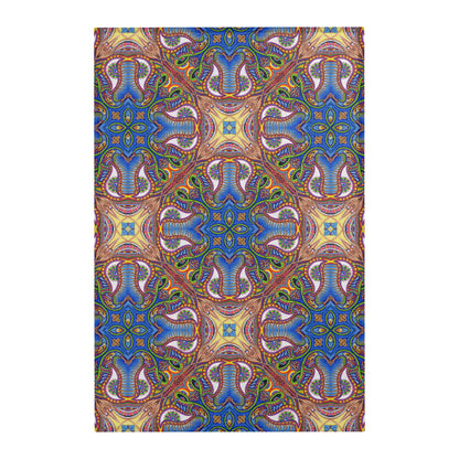 Apotheosis Mandala Area Rug by Chris Dyer featuring intricate psychedelic patterns in vibrant blues, purples, greens, and gold with symmetrical kaleidoscopic artwork.