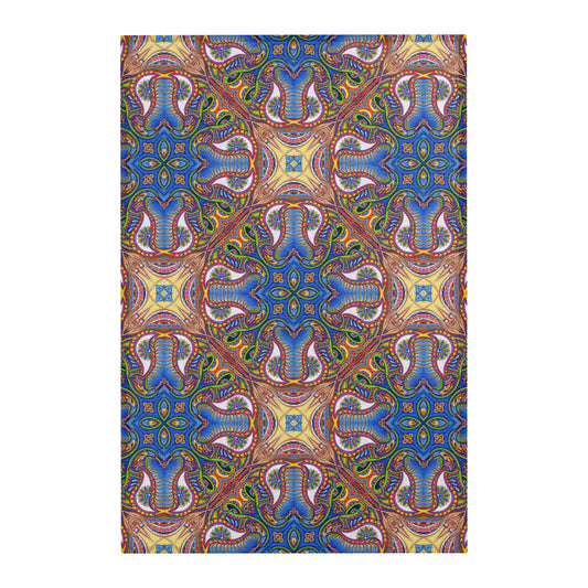 Apotheosis Mandala Area Rug by Chris Dyer featuring intricate psychedelic patterns in vibrant blues, purples, greens, and gold with symmetrical kaleidoscopic artwork.