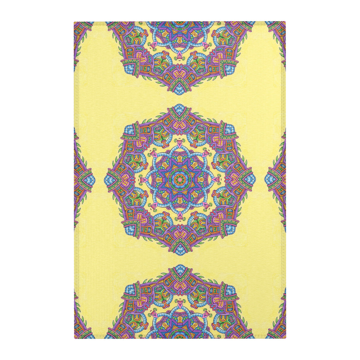 Light Worker Mandala Area Rug by Chris Dyer featuring colorful psychedelic geometric patterns on a bright yellow background