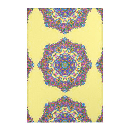 Light Worker Mandala Area Rug by Chris Dyer featuring colorful psychedelic geometric patterns on a bright yellow background
