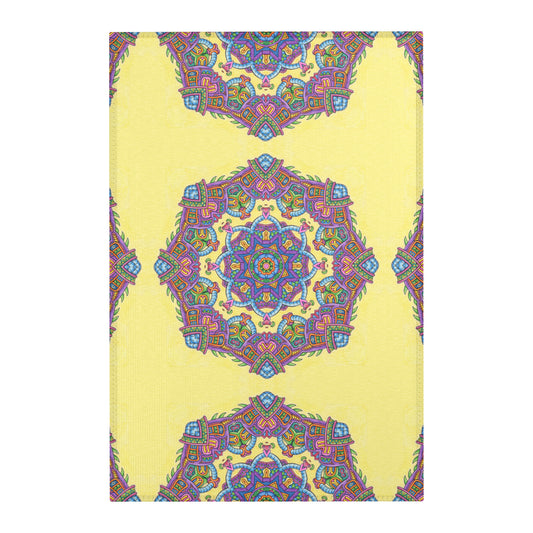 Light Worker Mandala Area Rug by Chris Dyer featuring colorful psychedelic geometric patterns on a bright yellow background