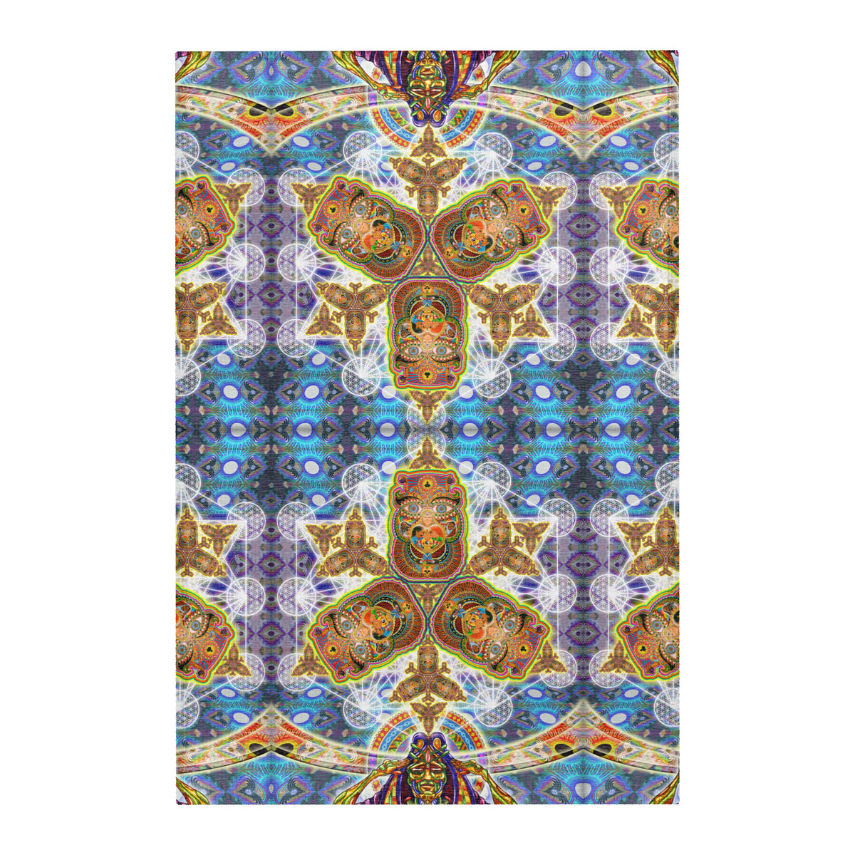 Messages from a Healing Fractal Dimension Mandala Area Rug by Chris Dyer featuring symmetrical psychedelic patterns, mystical faces, and vibrant blue, violet, turquoise, and golden tones.