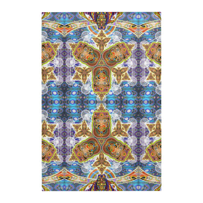 Messages from a Healing Fractal Dimension Mandala Area Rug by Chris Dyer featuring symmetrical psychedelic patterns, mystical faces, and vibrant blue, violet, turquoise, and golden tones.
