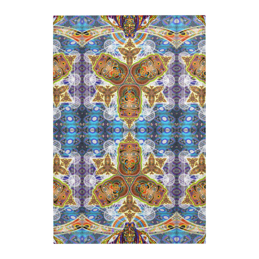 Messages from a Healing Fractal Dimension Mandala Area Rug by Chris Dyer featuring symmetrical psychedelic patterns, mystical faces, and vibrant blue, violet, turquoise, and golden tones.