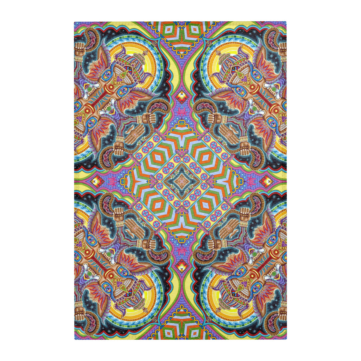 Jai Ganesha Mandala Area Rug by Chris Dyer featuring symmetrical Ganesha imagery, intricate geometric patterns, and vibrant yellow, turquoise, purple, and orange tones.
