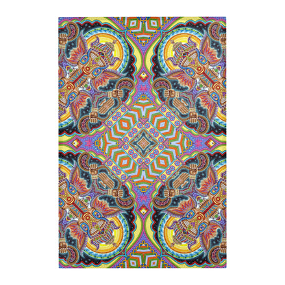 Jai Ganesha Mandala Area Rug by Chris Dyer featuring symmetrical Ganesha imagery, intricate geometric patterns, and vibrant yellow, turquoise, purple, and orange tones.