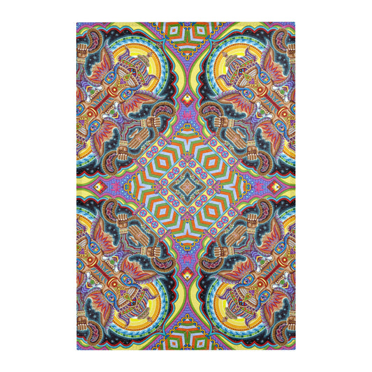 Jai Ganesha Mandala Area Rug by Chris Dyer featuring symmetrical Ganesha imagery, intricate geometric patterns, and vibrant yellow, turquoise, purple, and orange tones.