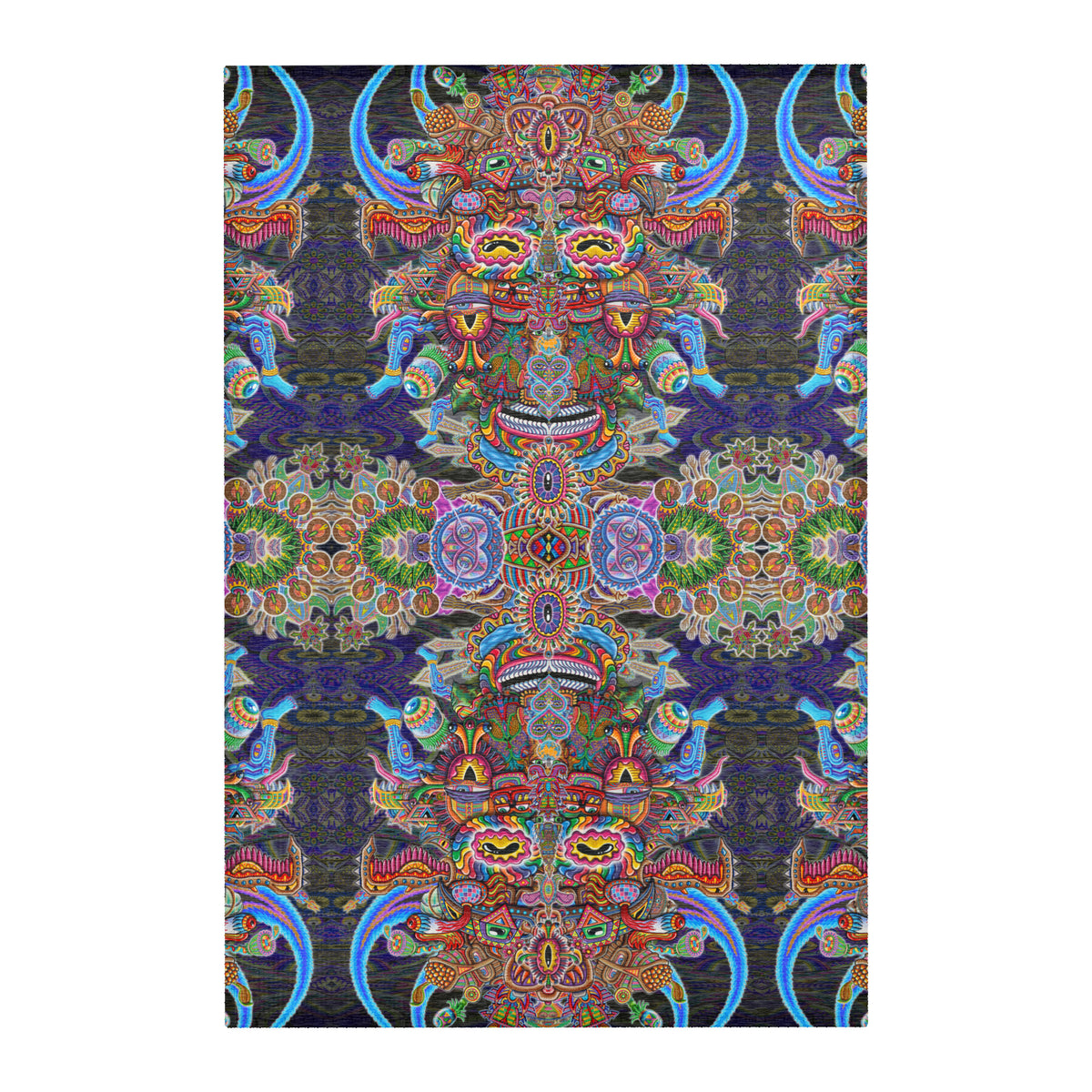 Bullish Man Mandala Area Rug by Chris Dyer featuring mirrored horned figures, intricate psychedelic patterns, and vibrant blue, purple, green, and orange tones.