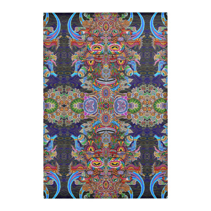 Bullish Man Mandala Area Rug by Chris Dyer featuring mirrored horned figures, intricate psychedelic patterns, and vibrant blue, purple, green, and orange tones.
