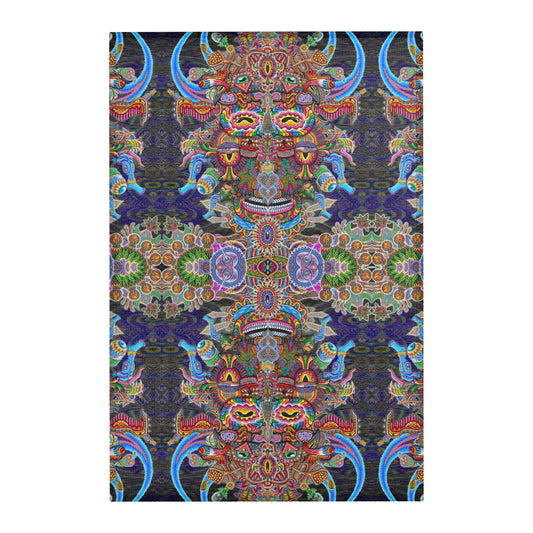Bullish Man Mandala Area Rug by Chris Dyer featuring mirrored horned figures, intricate psychedelic patterns, and vibrant blue, purple, green, and orange tones.