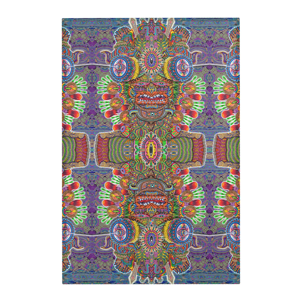 Open Your Eyes Mandala Area Rug by Chris Dyer featuring mirrored mystical faces, oversized eyes, and intricate psychedelic patterns in purple, green, orange, and blue.