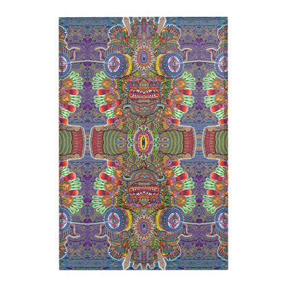 Open Your Eyes Mandala Area Rug by Chris Dyer featuring mirrored mystical faces, oversized eyes, and intricate psychedelic patterns in purple, green, orange, and blue.